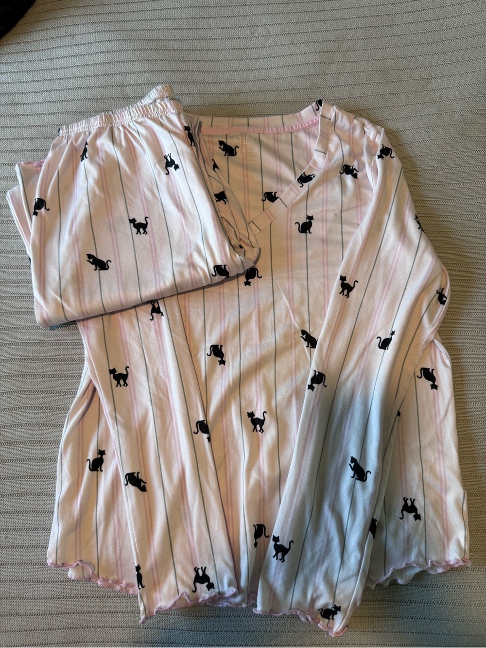 Studio 1886 Pink Striped Cat Print Pajama Set